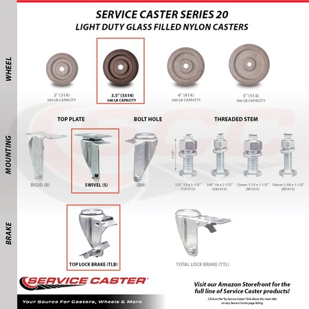 Service Caster 3.5 Inch High Temp Glass Filled Nylon Swivel Top Plate Caster Set with Brake SCC SCC-20S3514-GFNSHT-TLB-4